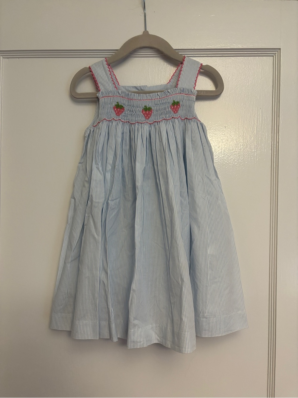 Light Blue Striped Smocked Dress with Strawberry Detail for Kids